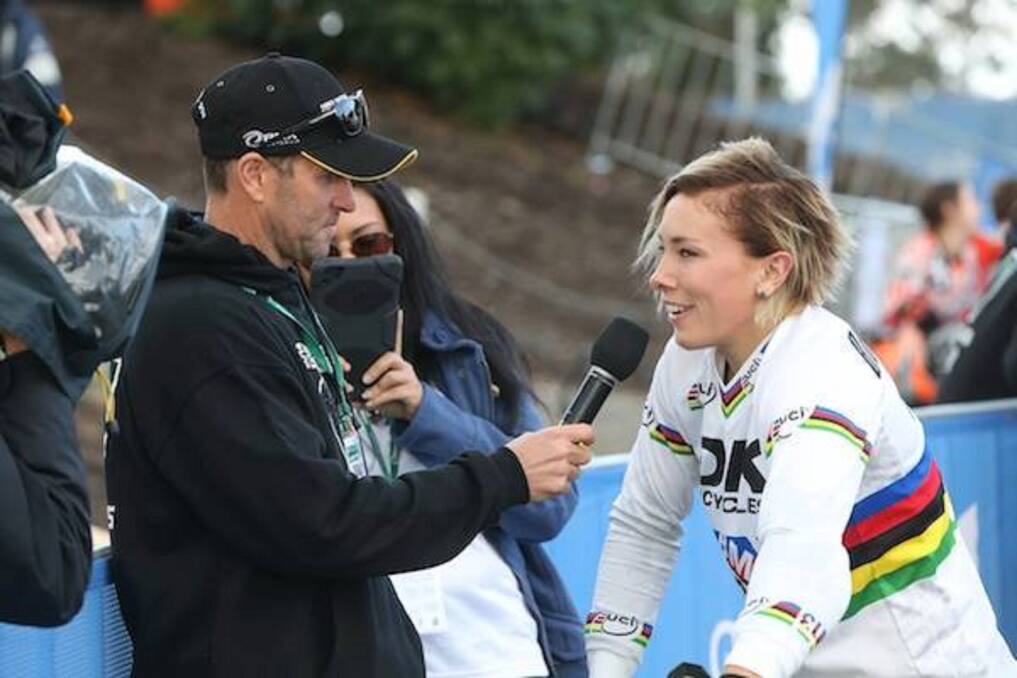 JACK OF ALL TRADES: BMX Australia's David Lyall interviews Australian world champion Caroline Buchanan. Picture: BMX Australia 