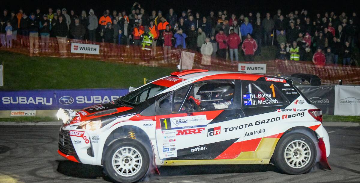 OUT FRONT: Toyota Gazoo driver Harry Bates and co-driver John McCarthy show off for the crowd on Friday night at Inveresk. Picture: Paul Scambler