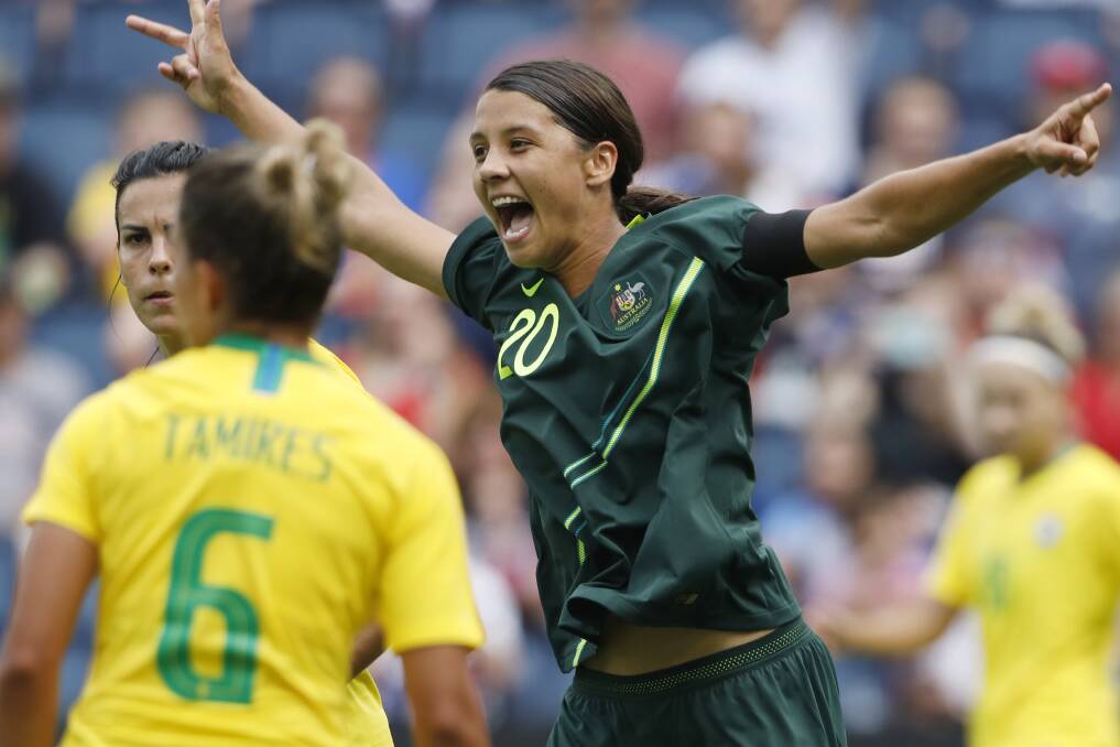 COP THAT: Matildas superstar Sam Kerr celebrates one of her goals against Brazil. Picture: AAP