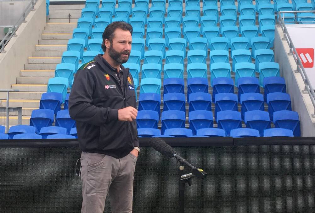 CONTENT: Adam Griffith makes his point at the Bellerive Oval press conference. Picture: Andrew Mathieson