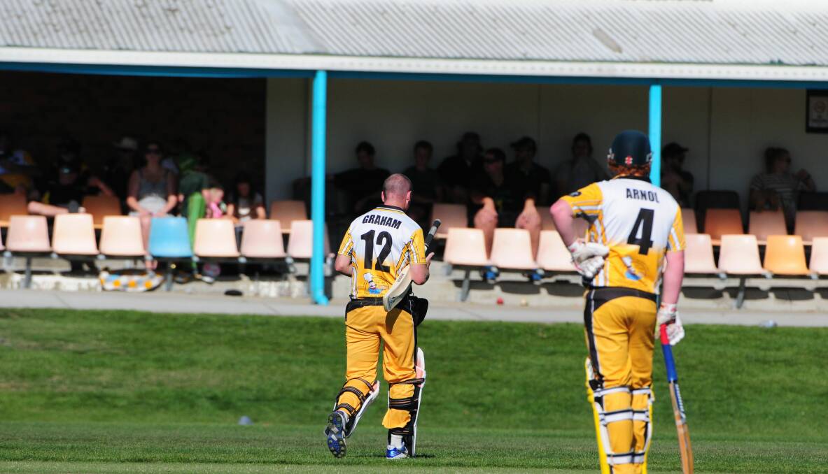 ON YOUR WAY: Longford batsman Scott Graham heads back to the changerooms as teammate Jesse Arnol watches on. Picture: Paul Scambler