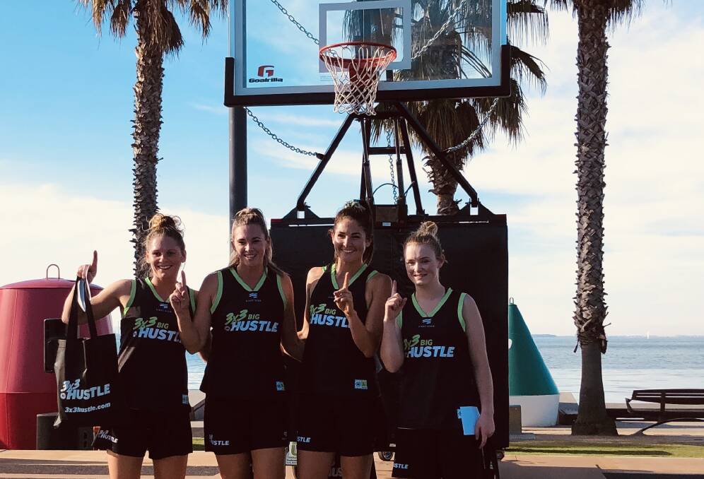 NUMBER ONE: Gemma Korpershoek, Alicia Riley, Zoe 
Mesman and Hayley Shephard celebrate their national 
3x3 titles on the Geelong waterfront. Picture: Supplied.