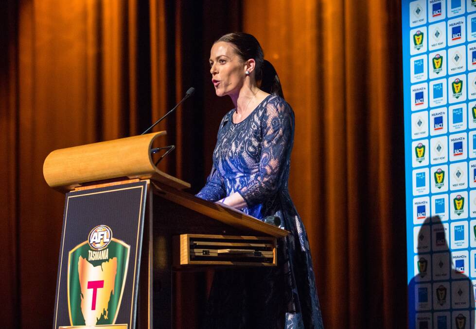 STATE VOICE: Trisha Squires takes time out from the Tasmanian bid for the VFL to speak at the TSL awards night on Saturday. Picture: Solstice Digital