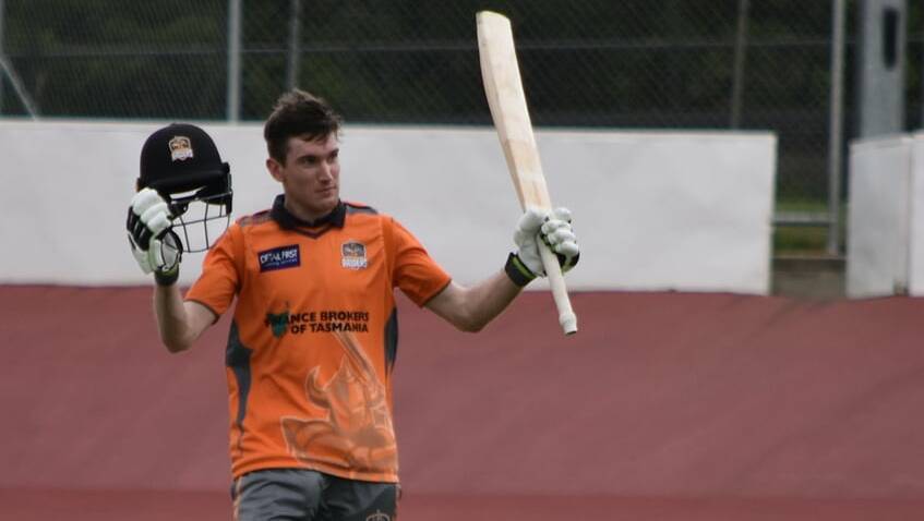 MOMENT: Greater Northern Raiders opener Brodie Hayes raises his bat with a top-score 108. Picture: Cricket Tasmania