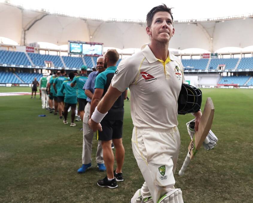 SURVIVOR: Tim Paine walks of the Dubai International Cricket Stadium after guiding Australia to a remarkable draw. Picture: Twitter