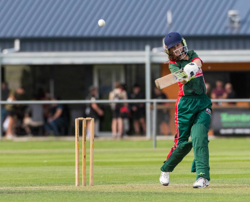 CRACKER: Launceston batter Victoria Geale launches a square drive in the grand final qualifier against Riverside on Saturday. Pictures: Paul Scambler
