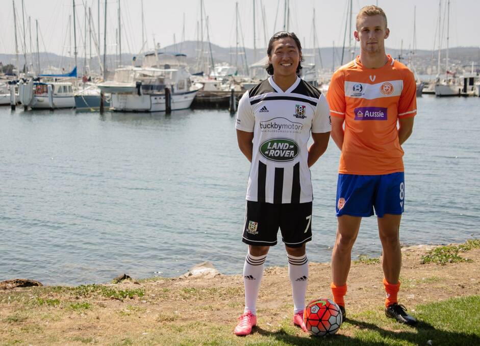 NEWCOMERS: Launceston City recruit Matthew Oh and Riverside NPL debutant Jarrod Hill at state soccer's season launch earlier this week in Hobart. Picture: Solstice Digital