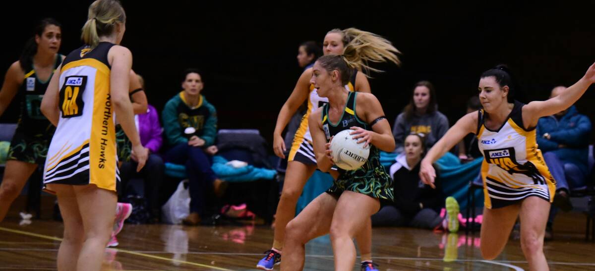 CENTRE COURT: Cavaliers midfielder Shelby Miller takes control before joining forces with Northern Hawks rivals to play for the Tasmanian Magpies in the new ANL season.