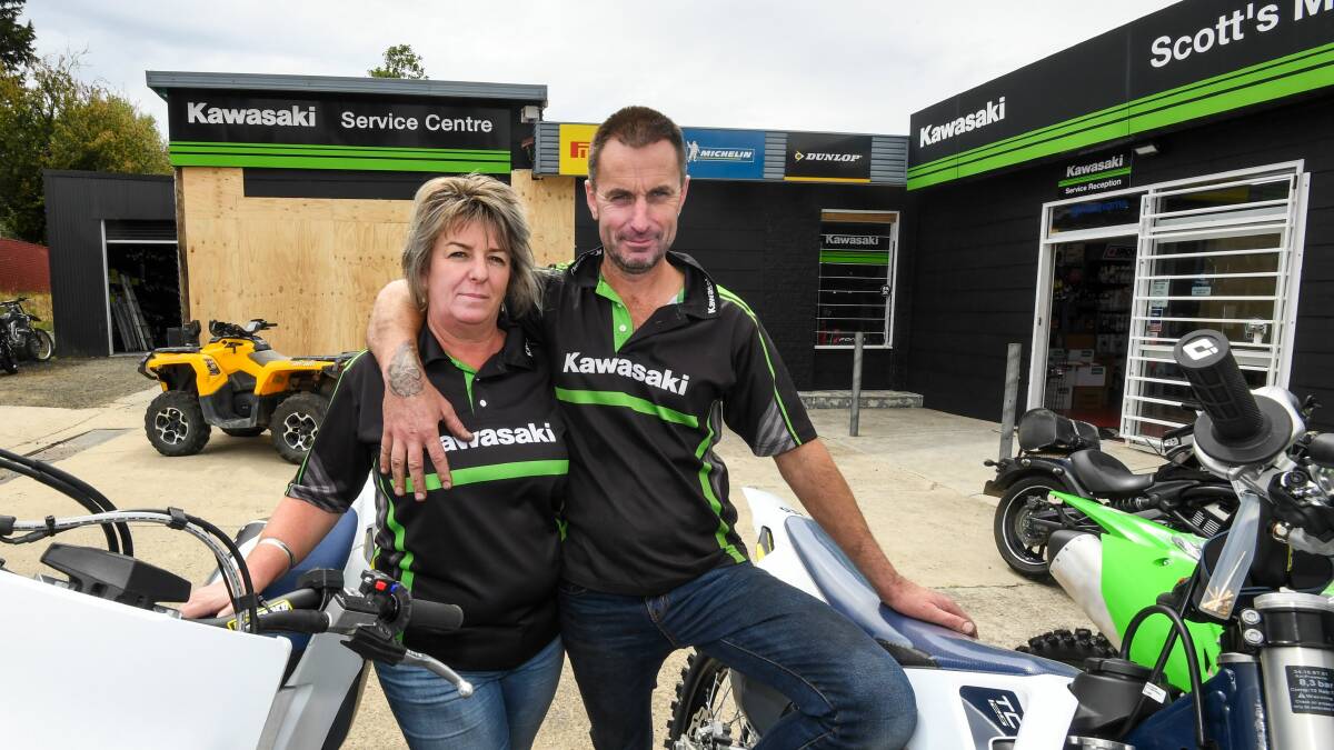 BUSINESS TARGETED: Scott's Motorcycles owners Tina and Scott Honeychurch have been broken into four times. Picture: Neil Richardson 
