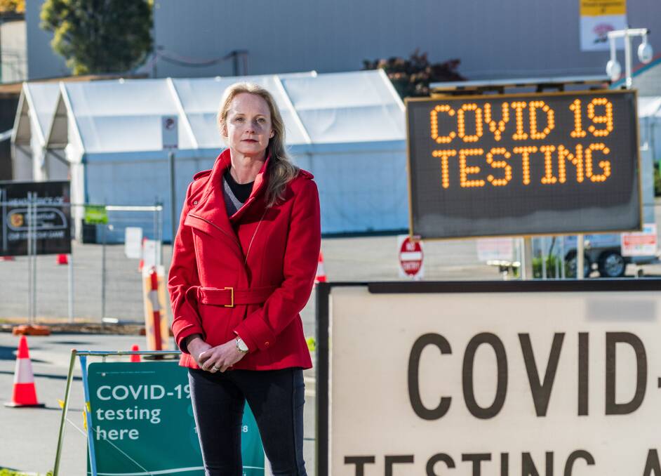BOOSTING TESTING: Health Minister Sarah Courtney at the Elphin Sports Centre COVID-19 testing site on Saturday. Picture: Phillip Biggs.