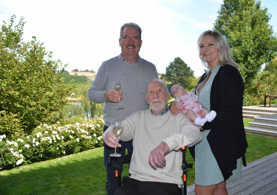 FOREVER YOUNG: Four generations of Chapman's - Nick, Geoff, Ruby and Alice - celebrate Geoff's 96th year of life. Picture: Ryan Young.