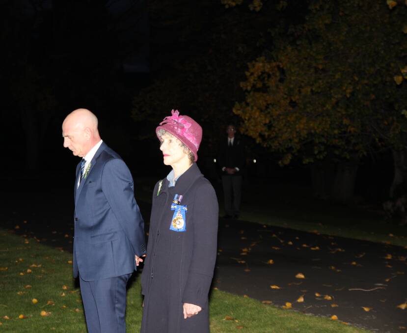 PAYING RESPECTS: Premier Peter Gutwein and Tasmanian Governor Kate Warner pause to remember the fallen. Picture: Supplied.