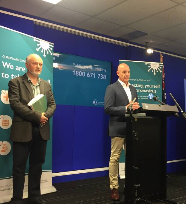 SOCIAL DISTANCING: Tasmania's Director of Public Health Dr Mark Veitch and Premier Peter Gutwein address the media on Sunday. Picture: Sue Bailey