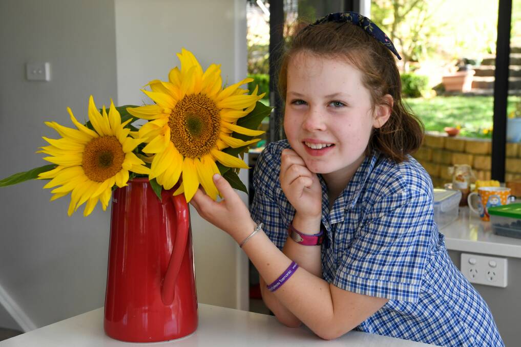 HAPPY AND BUBBLY: Sophie Schilg loves sunflowers, school and helping out at the hair salon. Picture: Neil Richardson.