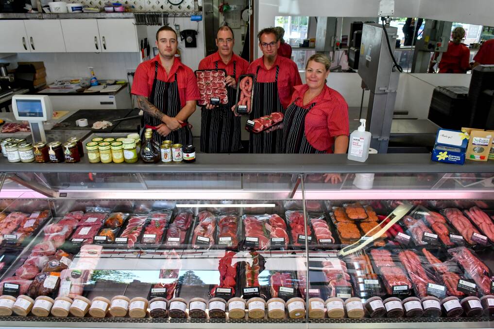 BUSY PERIOD: Will Fellows, Phillip Oliver, Jeon Molenaar and Gina Stuart are stocked up at St Georges Square Quality Meats. Picture: Scott Gelston.