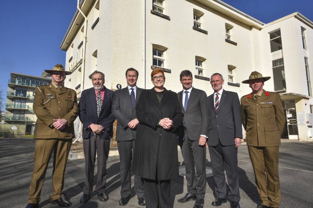 BIG ANNOUNCEMENT: Lt. Col. Scott Sullivan Commander Tasmanian AAC Battalion, Defence Department base suPport manager Phil Spehr, Senator David Bushby, Former Defence Minister Marise Payne, Former Assistant Minister for Cities Angus Taylor, Launceston Mayor Albert Van Zetten and SADFO Tas. Brigadier John Withers at the announcement of the project in 2017. Picture: Paul Scambler