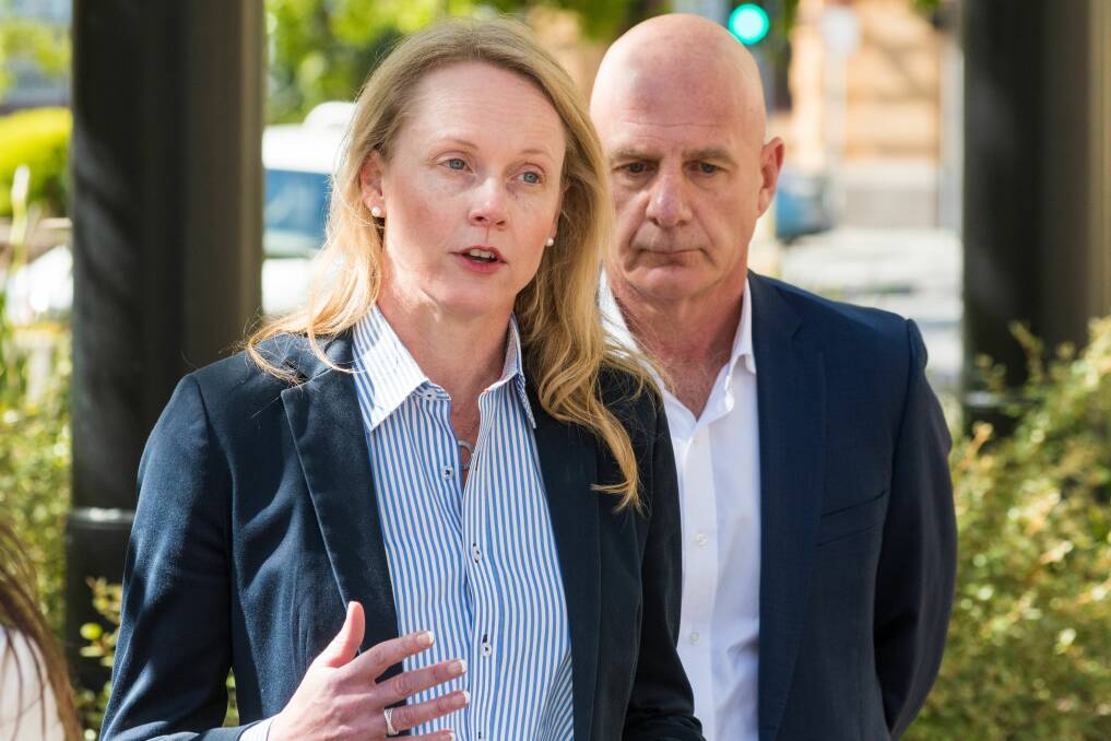 RESPONDING TO CRISIS: Health Minister Sarah Courtney and Premier Peter Gutwein speak to the media on Saturday. Picture: Philip Biggs.