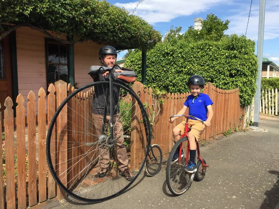 COOL CYCLISTS: Jeff and Sean McClintock prepare for the National Penny Farthing Championship in Evandale on Saturday. Picture: Ryan Young.