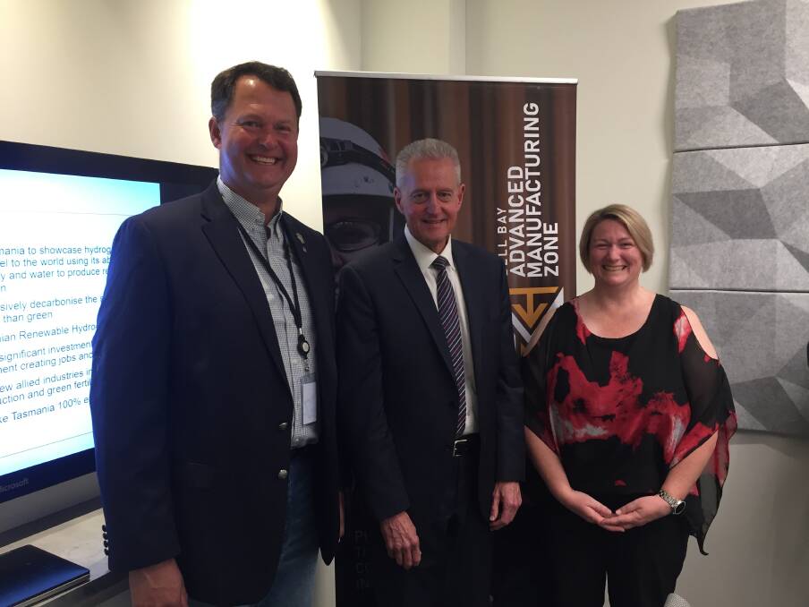 FORMING ALLIANCE: George Town mayor Greg Kieser, Countrywide Renewable Energy managing director Geoffrey Drucker and Bell Bay Advanced Manufacturing Zone project manager Susie Bower at the launch of the Tasmanian Hydrogen Industry Alliance. Picture: Ryan Young