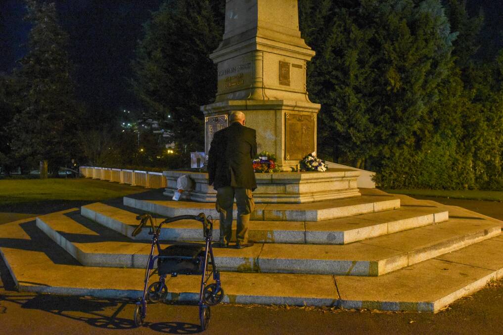 ANZAC DAY DAWN: Private Francis Dring of 5th RAR at the Launceston Cenotaph.
Picture: Paul Scambler
