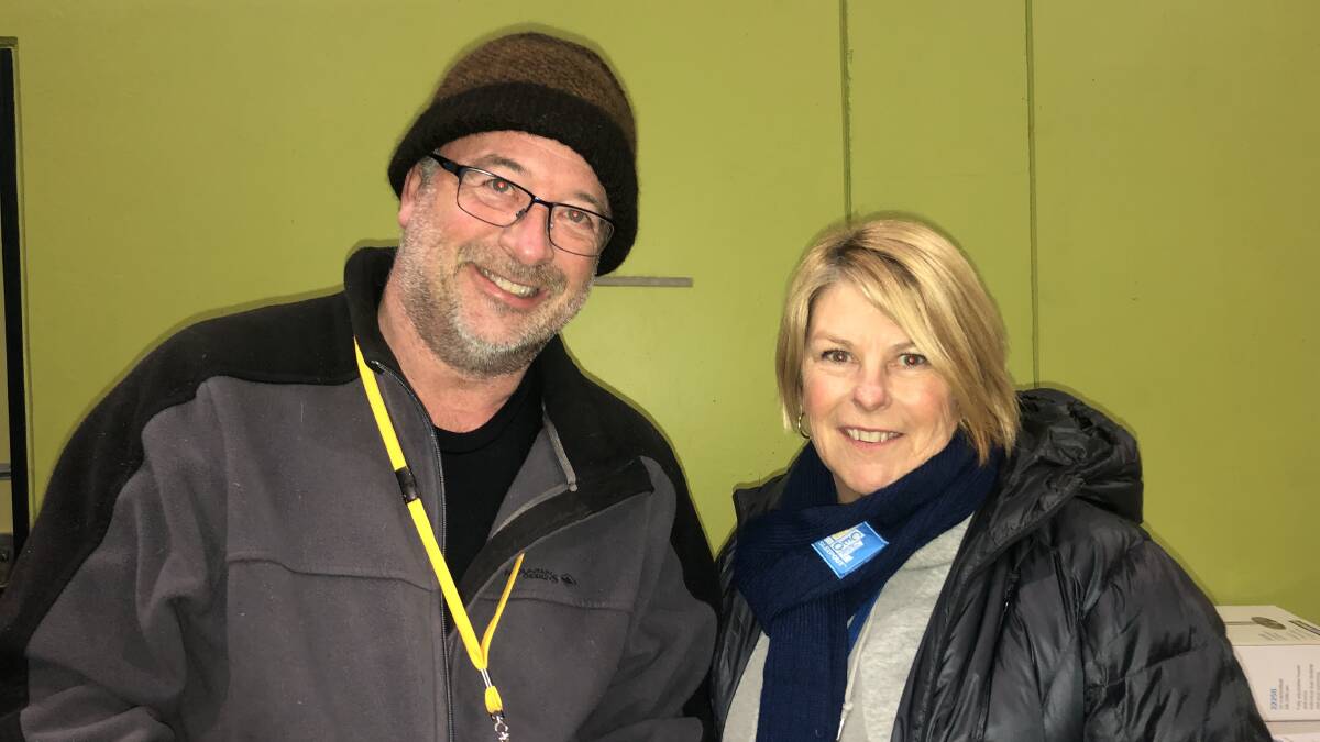 Winter night: Mark Jessop from Nexus inc and Kym Goodes from Tasmania Council of Social Service braving the cold. 