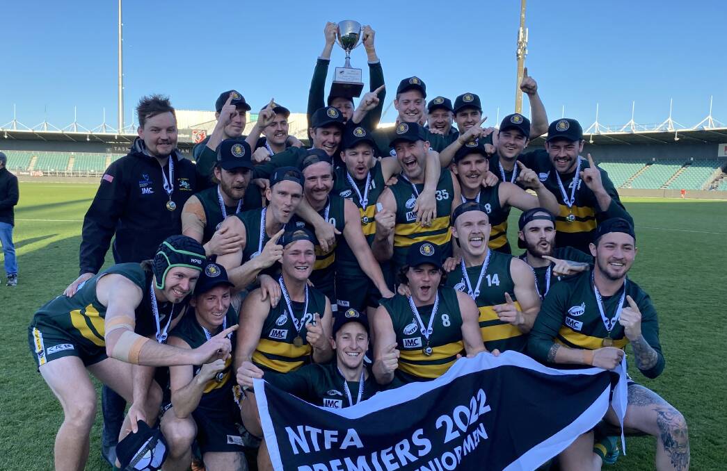 St Pats celebrates winning the NTFA division one men's premiership on Saturday. Picture by Brian Allen