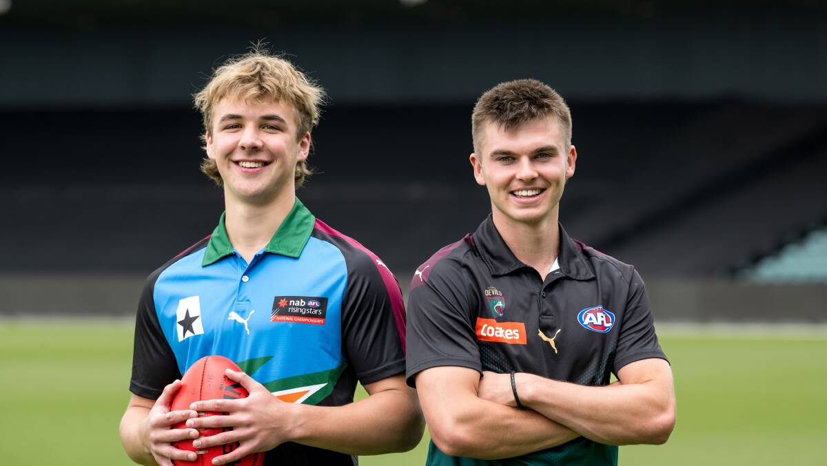 Launceston exports Ryley Sanders and Colby McKercher, pictured in November 2023, will make their AFL debuts this weekend. Picture by Phillip Biggs 