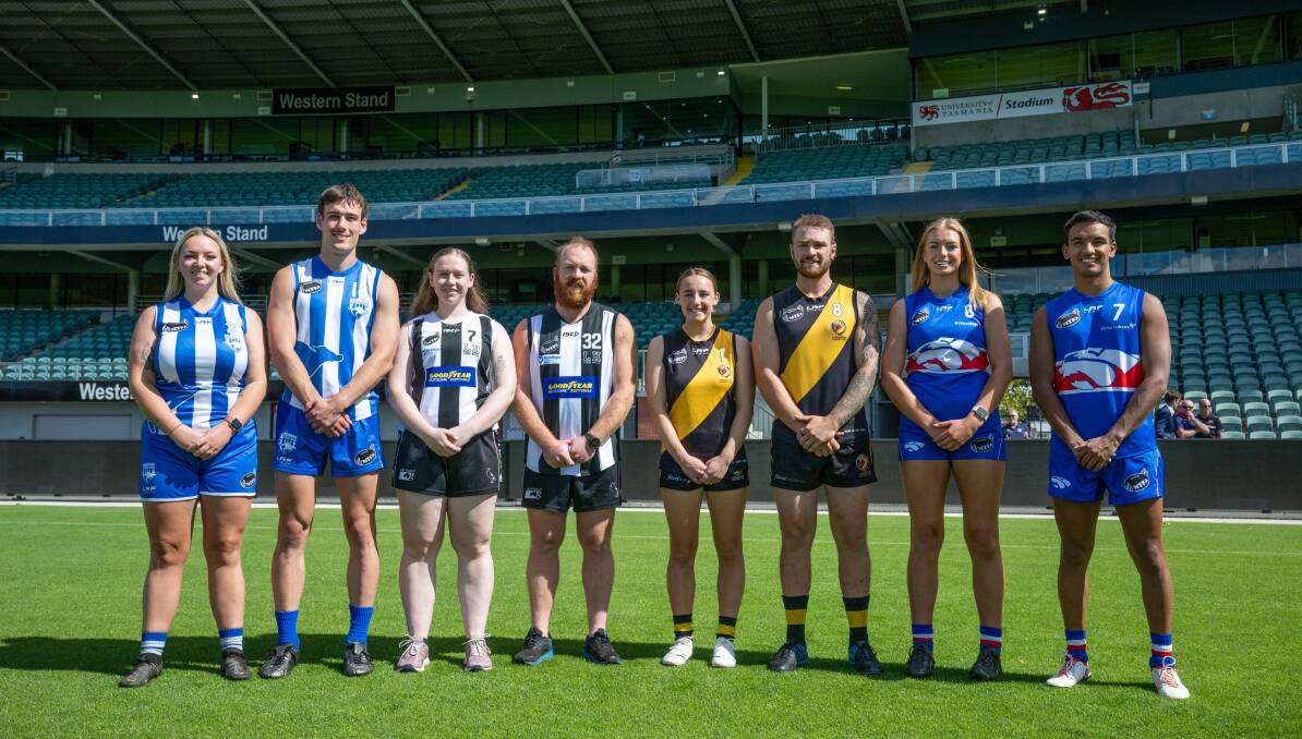 Deloraine's Renee Brough and Jordan Talbot, Scottdale's Michaela Carins and Joel Hayes, Longford's Jayde Nichols and Kacey Curtis and South Launceston's Jaslyn Freestone and Grant Holt at UTAS Stadium.