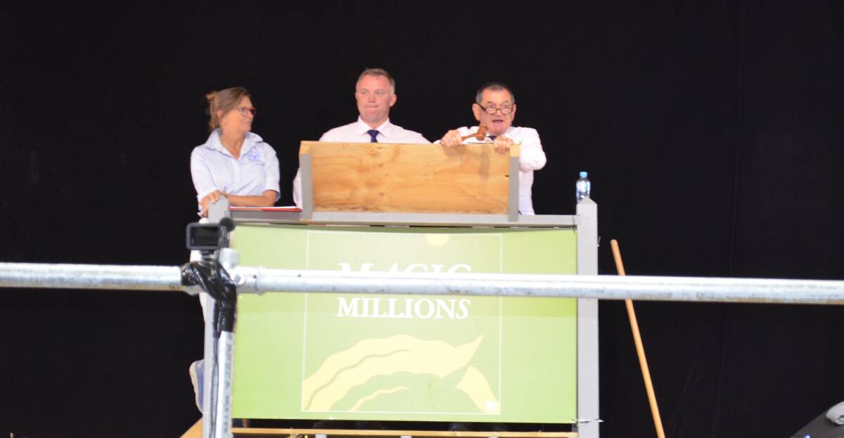 MAKING SALES: Motree Thoroughbreds owner Mandy Gunn, Magic Millions managing director Barry Bowditch and auctioneer David Chester. Picture: Brian Allen 