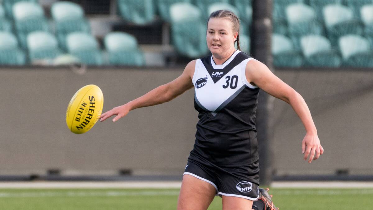 PROVIDING LEADERSHIP: Scottsdale playing-coach Mikayla Binns in action for the NTFAW at UTAS Stadium. Picture: Phillip Biggs