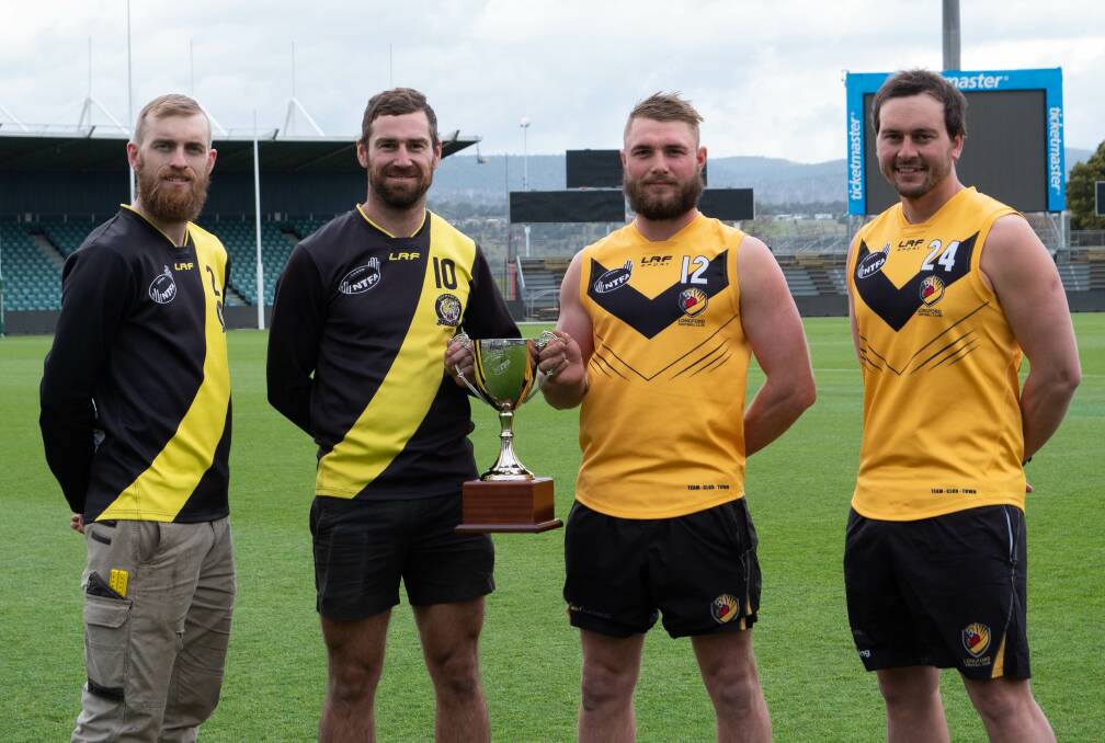 Rocherlea coach Josh Ponting and captain Luke Richards with Longford captain Josh Frankcombe and coach Beau Thorp. Pictures by Rod Thompson 