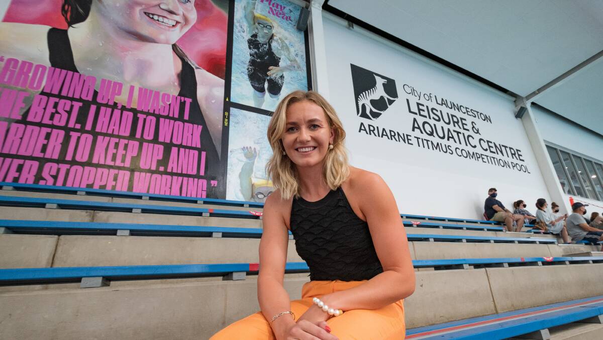 WELCOME HOME: Launceston export and Olympic champion swimmer Ariarne Titmus at Launceston Leisure and Aquatic Centre on Saturday. Picture: Phillip Biggs
