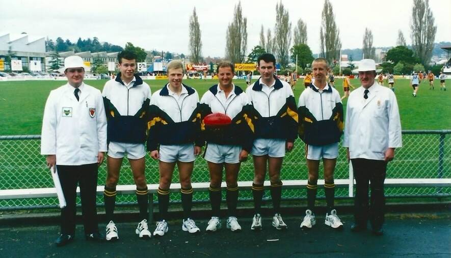 FOND MEMORIES: Goal umpire John Moroney (far right) and the umpiring team which officiated the 1998 NTFA premier division grand final between Longford and Uni Mowbray at UTAS Stadium. Picture: Supplied