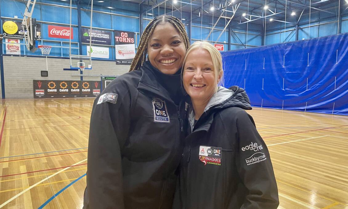 Launceston Tornadoes American import Trinity Oliver with coach Sarah Veale at Elphin Sports Centre on Wednesday. Pictures by Brian Allen 