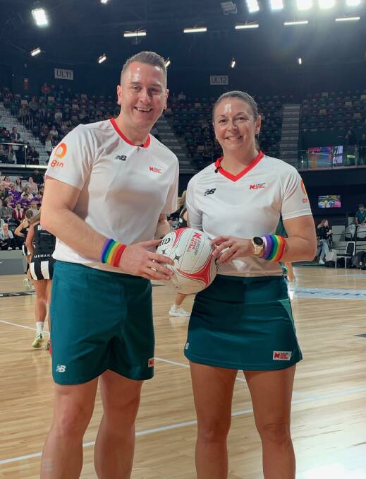 SIGNIFICANT MOMENT: Hobart's Josh Bowring and Launceston's Rachael Stebbings umpired a Super Netball game together on Sunday. Picture: Lindy Murphy 