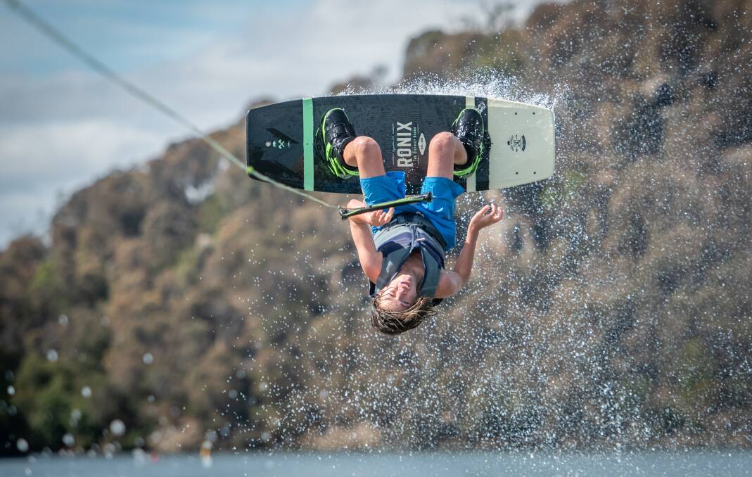 TRICK TIME: Charlie Ten Broeke, 14, during Tasmanian Wakeboarding competition round two at Trevallyn Dam. Picture: Paul Scambler 