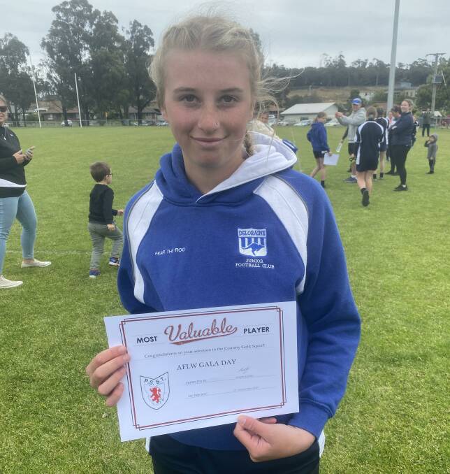 GREAT ACHIEVEMENT: Deloraine's Ava Philpott received the most valuable player award while playing for Country Gold at an AFLW gala day last year. Pictures: Supplied 
