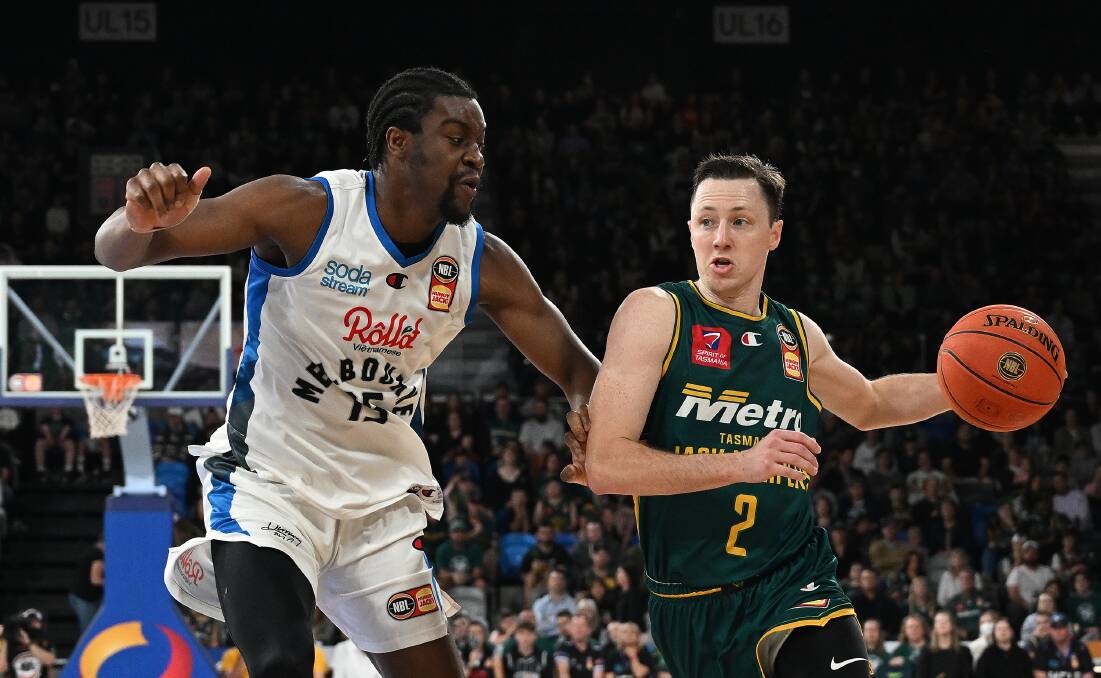 INTENSITY TO RISE: JackJumper Josh Magette drives past Melbourne United's Ariel Hukporti in Hobart last weekend. Picture: Steve Bell/Getty Images