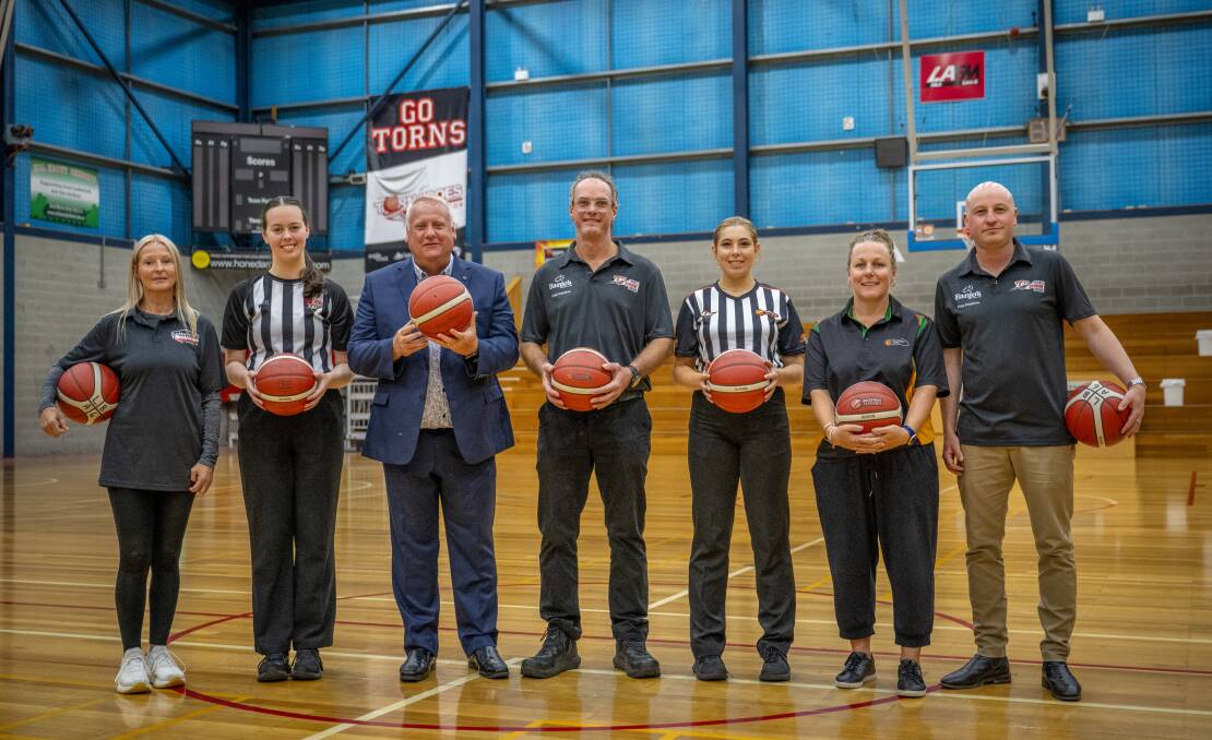 Launceston Tornadoes coach Sarah Veale, Sophie Winter, Rob Fairs, Craig Gibson, Alexandria Pugh, Basketball Tasmania's Lanai Morrison and Elphin Sports Centre general manager Mitch Duhig. Picture by Paul Scambler