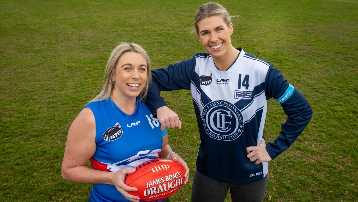 RARING TO GO: South Launceston's Lisa Patterson with Old Launcestonians playing-coach Abbey Green at Youngtown Oval ahead of the NTFA inaugural Domestic Violence Awareness Round. Picture: Paul Scambler
