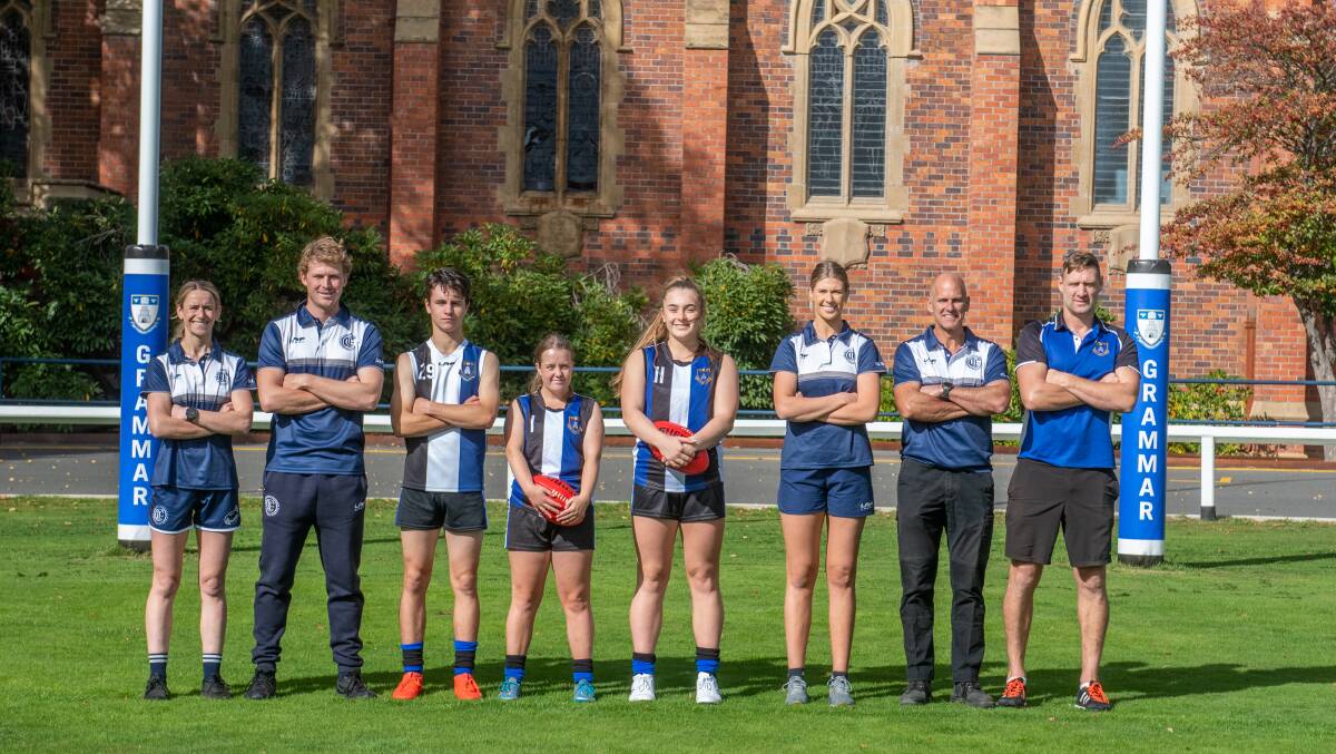SIGNIFICANT DAY: (l-r) OLs captains Maddie Fry and Campbell Fraser, Jake Elmer, 17, Olivia Frost, 18, Ashton Billing, 18, OLs senior coaches Abbey Green and Kane Sanders and Grammar coach Jay Schulz. Pictures: Paul Scambler