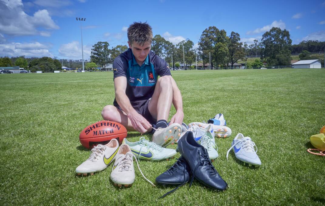 Launceston's Colby McKercher with the tools of his trade at Prospect Park in 2022. Picture by Rod Thompson 