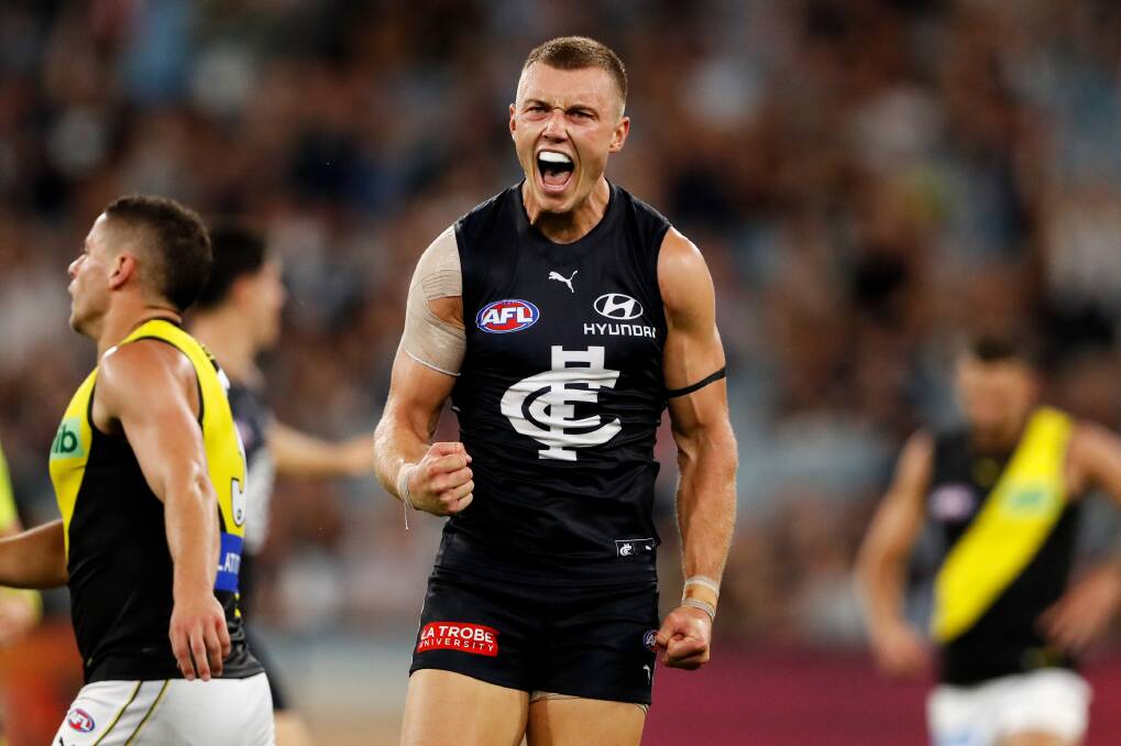IT'S GO TIME: Carlton captain Patrick Cripps celebrates a goal during his team's round one victory against Richmond at the MCG. Picture: Dylan Burns/AFL Photos via Getty Images