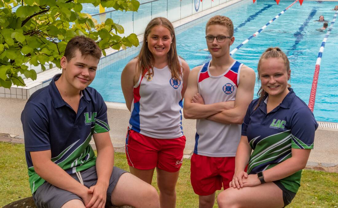 KEEN TO COMPETE: Launceston Aquatic Club swimmers Lucas Jarman, 14, and Grace Campbell, 16, (front) with South Esk Swimming Club's Xavier Nesbit, 15, and Sophie Hills, 15. Picture: Phillip Biggs