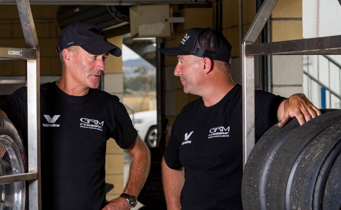 PLEASED WITH PROGRAM: Garry Rogers Motorsport director Barry Rogers and Combine leader Marcos Ambrose. Picture: Phillip Biggs