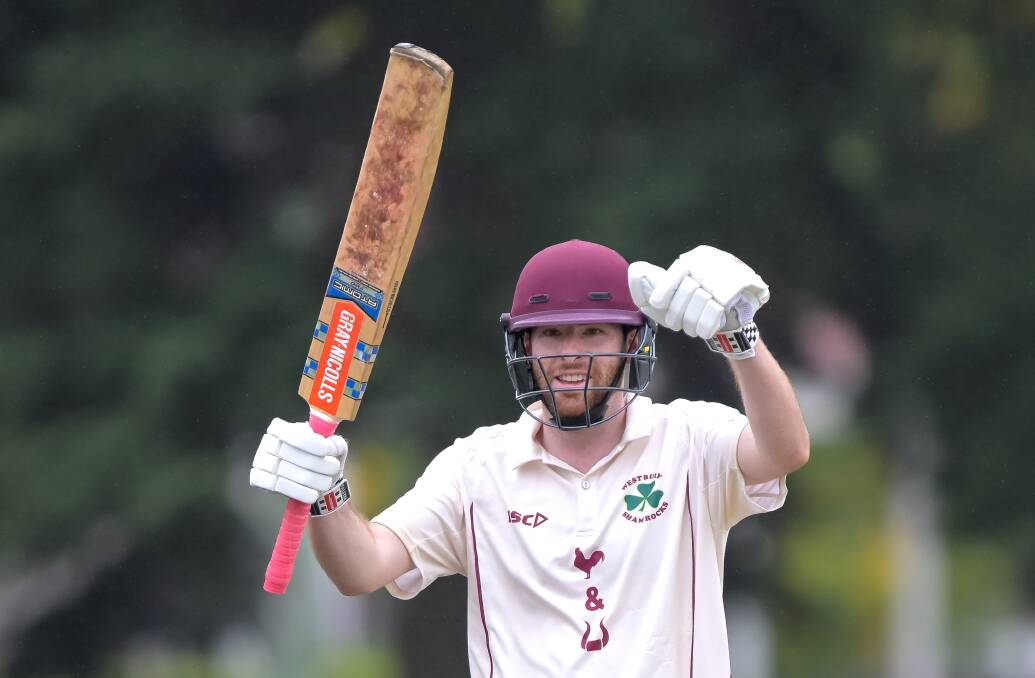Westbury batter Liam Ryan celebrates making his maiden first-grade half-century against South Launceston at Ingamells Oval. Pictures by Phillip Biggs 
