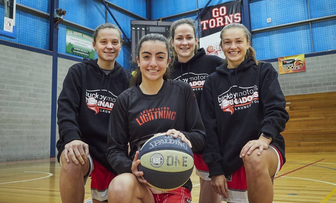 (Front) Launceston Lightning's Sophie Ryan with Launceston Tornadoes' Riley Lupfer, Keely Froling and Olivia West. Picture by Rod Thompson 