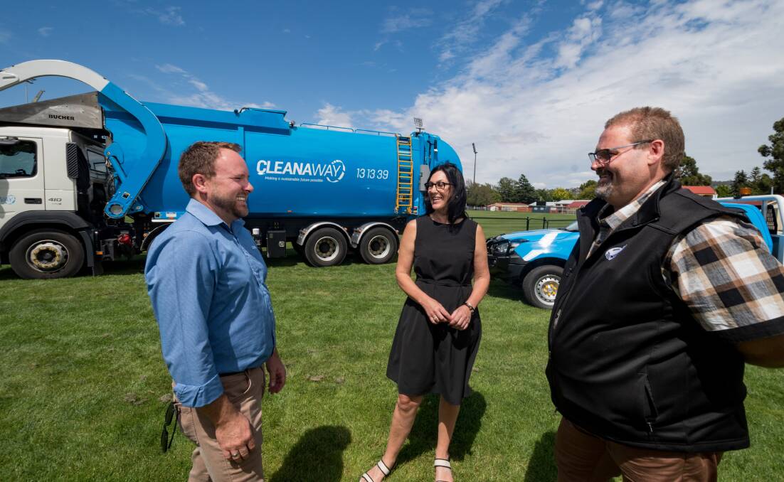 NEW PARTNERSHIP: Cleanaway regional manager Matt Eiszele, NTFA director of womens football Louise Millwood and NTFA president Scott Rigby at Invermay Park.