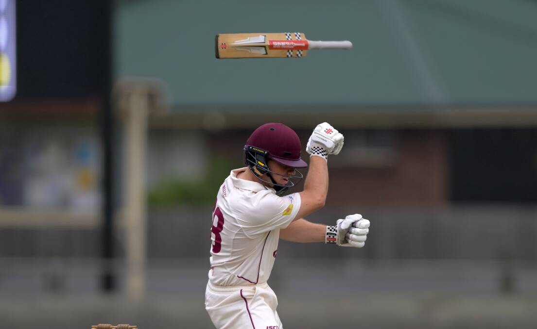 Westbury's Joe Griffin loses control of his bat. There was rain at Ingamells Oval on Saturday. 