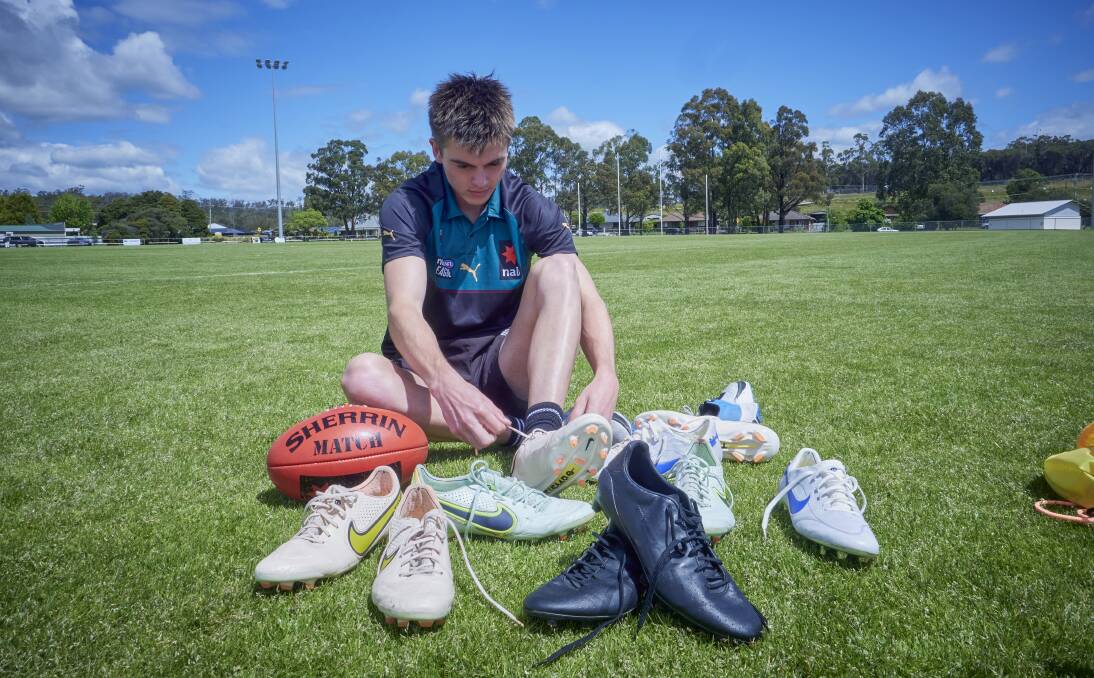 Launceston's Colby McKercher, 17, with the tools of his trade. He has been selected in the AFL academy program and will receive unique coaching and training opportunities. Picture by Rod Thompson 
